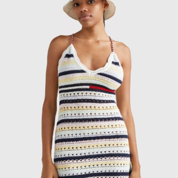 Crochet Knit Halter Summer Mini Dress Blue Pink Brown Beige Cotton Size Small - Picture 2 of 14